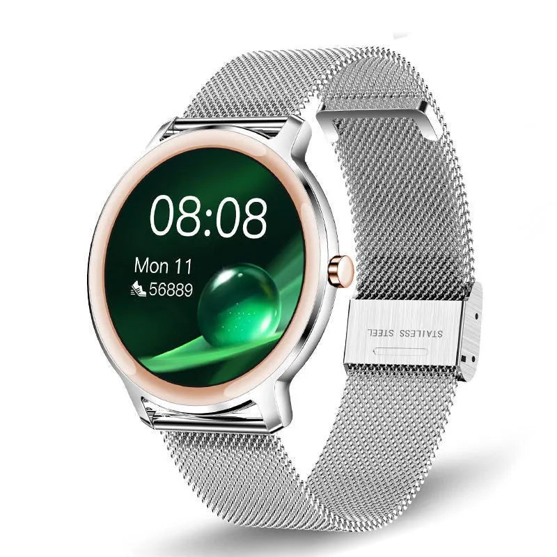 Women's waterproof smart watch with 1.3 inch touch screen and stainless steel wristband