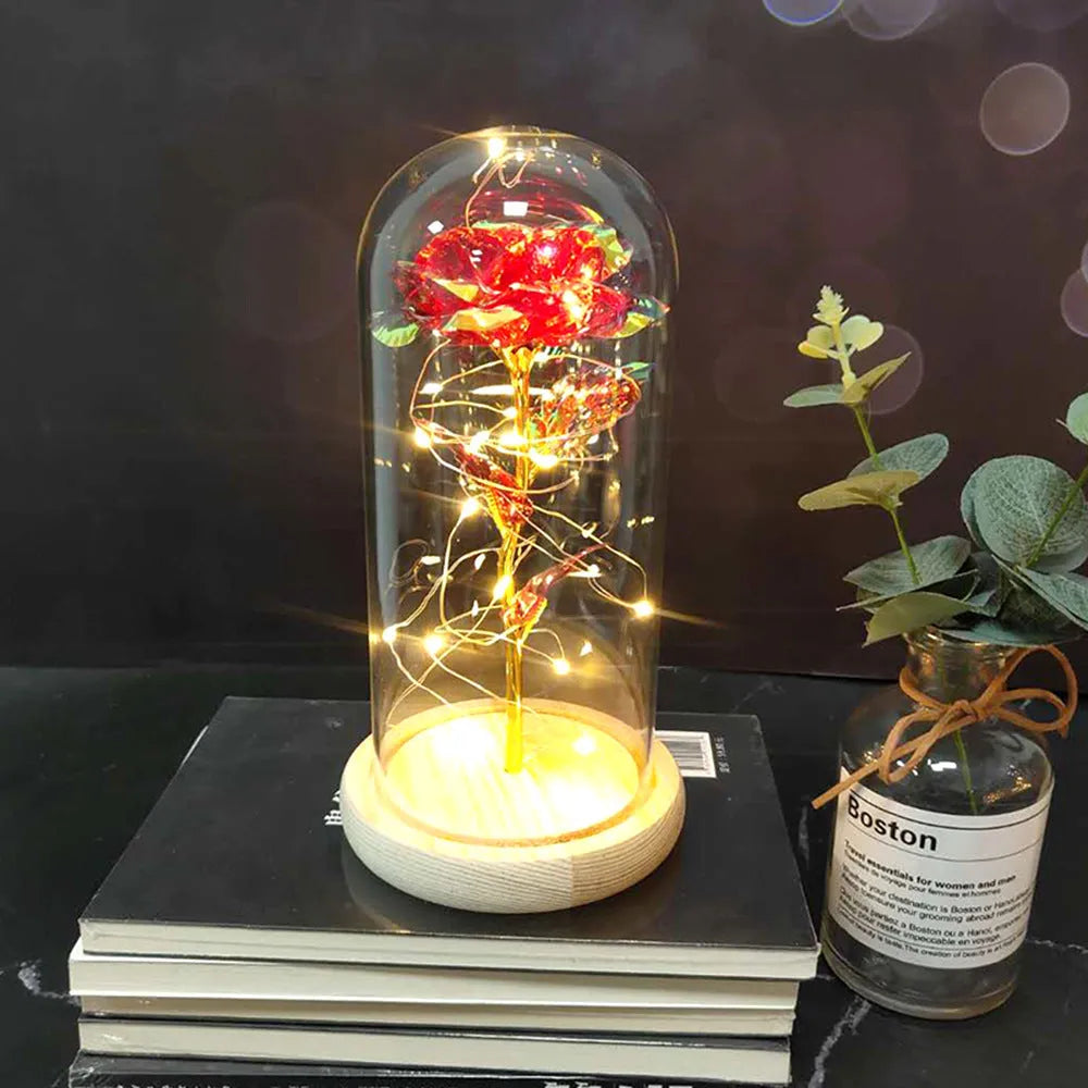 LED luminous silk rose ornament in glass cover on wood base with bendable light wire