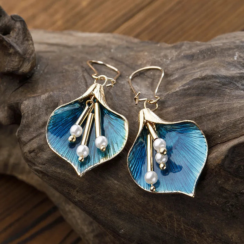 Women's Alloy Flower Earrings with Electroplating Finish - Retro Style Drop Earrings in Blue and Green for Everyday Wear, Dangle Earrings for Women
