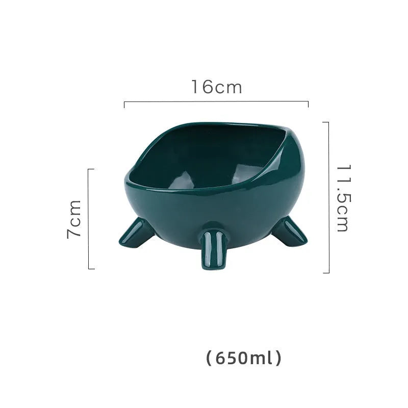 Green ceramic pet food bowl with four-legged base and rounded arc design