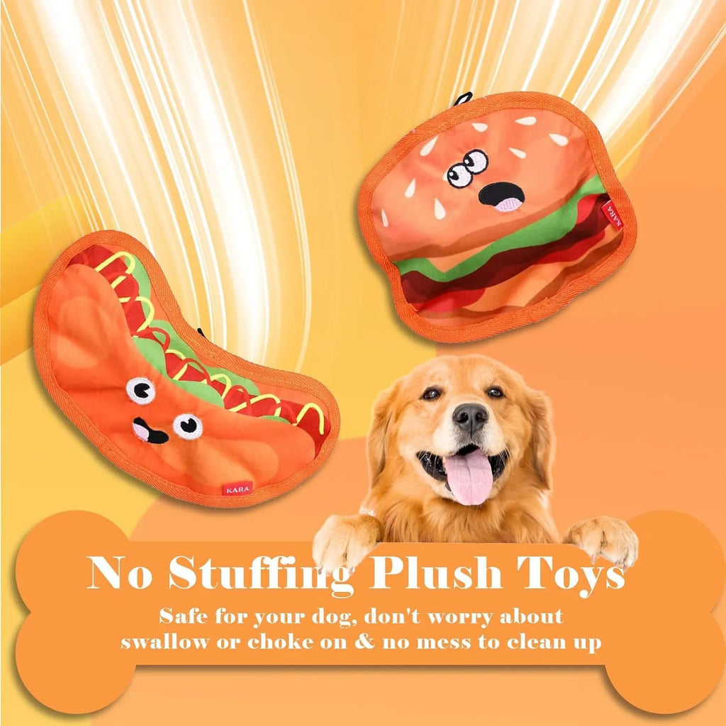 Hamburger-shaped crinkle and squeaky dog toys without stuffing for safe interactive play