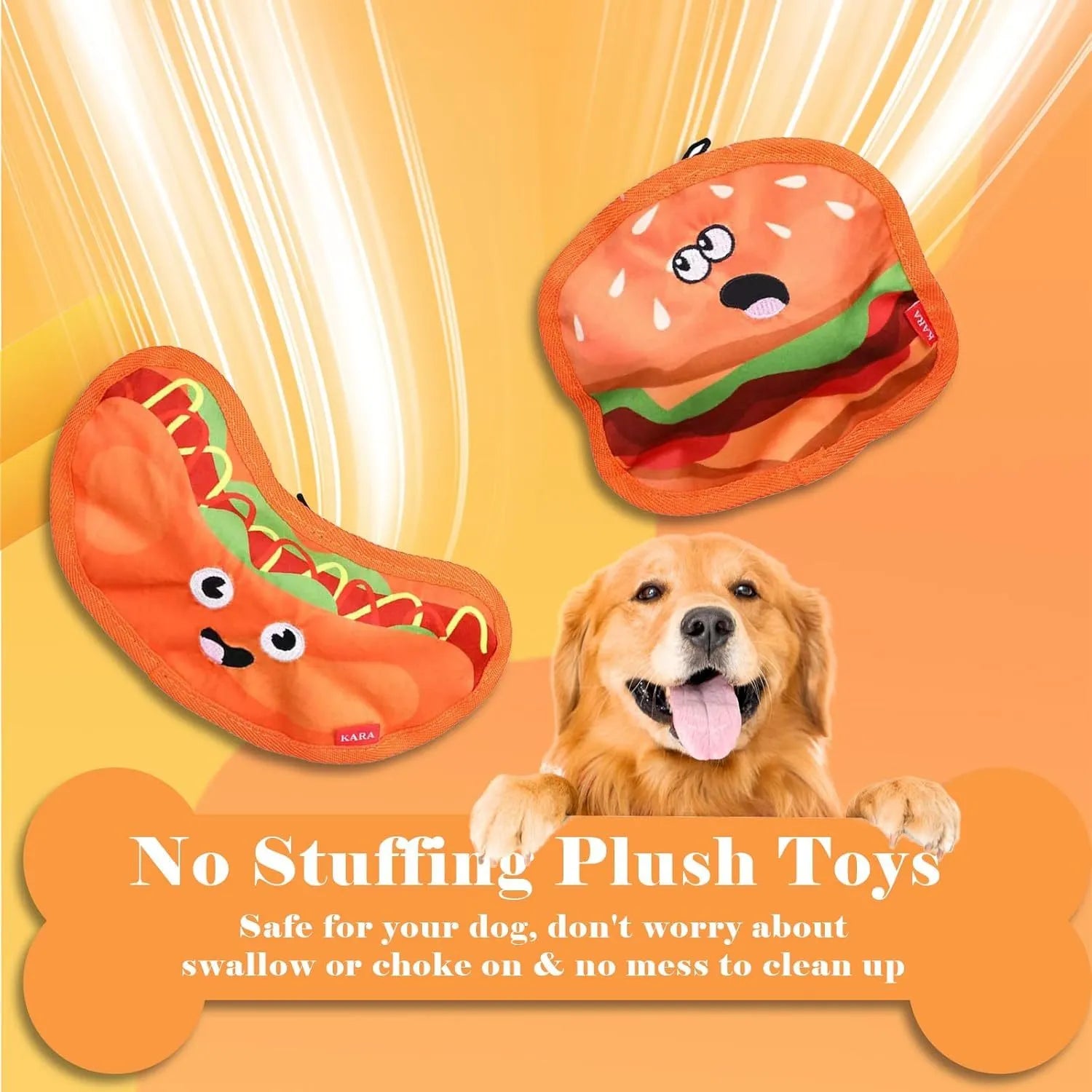 Hamburger-shaped crinkle and squeaky dog toys without stuffing for safe interactive play