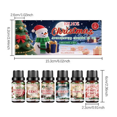 Christmas aromatherapy oil set showing six 60ml bottles with warm home scents for festive air freshening