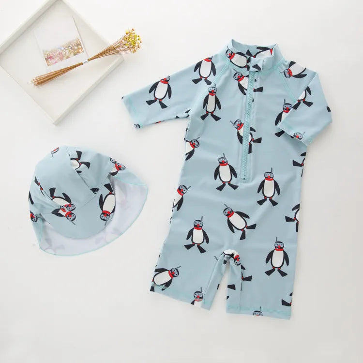 Boys' penguin print long-sleeve one-piece swimsuit with matching swimming cap