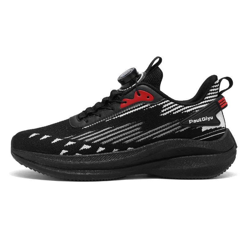 Men's low-top casual running shoes in black with Fly-kit mesh upper, rotating buckle, and lace-up front.