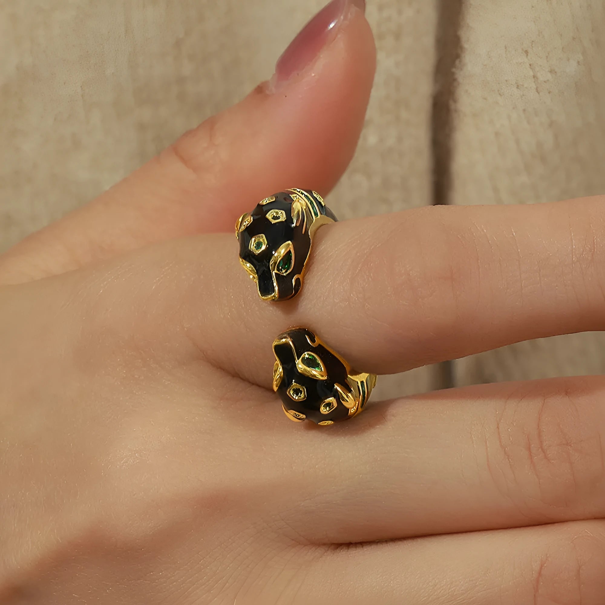 Women's geometric open ring with black cheetah print pattern on electroplated copper, size no.7