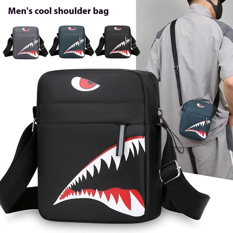 Men's small black Oxford cloth crossbody bag with animal print and shoulder strap