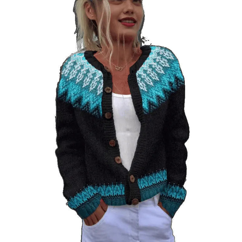 Yellow women's cardigan knitted coat with 3D stereo pattern digital printing, showing front view with regular sleeves