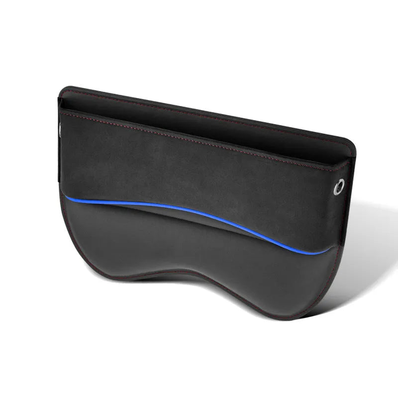 Leather car seat storage organiser box in a choice of five colours, shown on a vehicle seat.