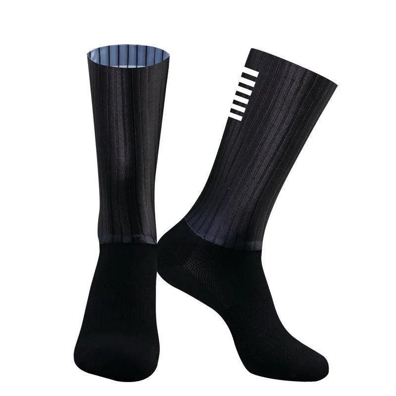 Cycling socks in orange, black, purple, white, grey, or dark blue with moisture-wicking fabric
