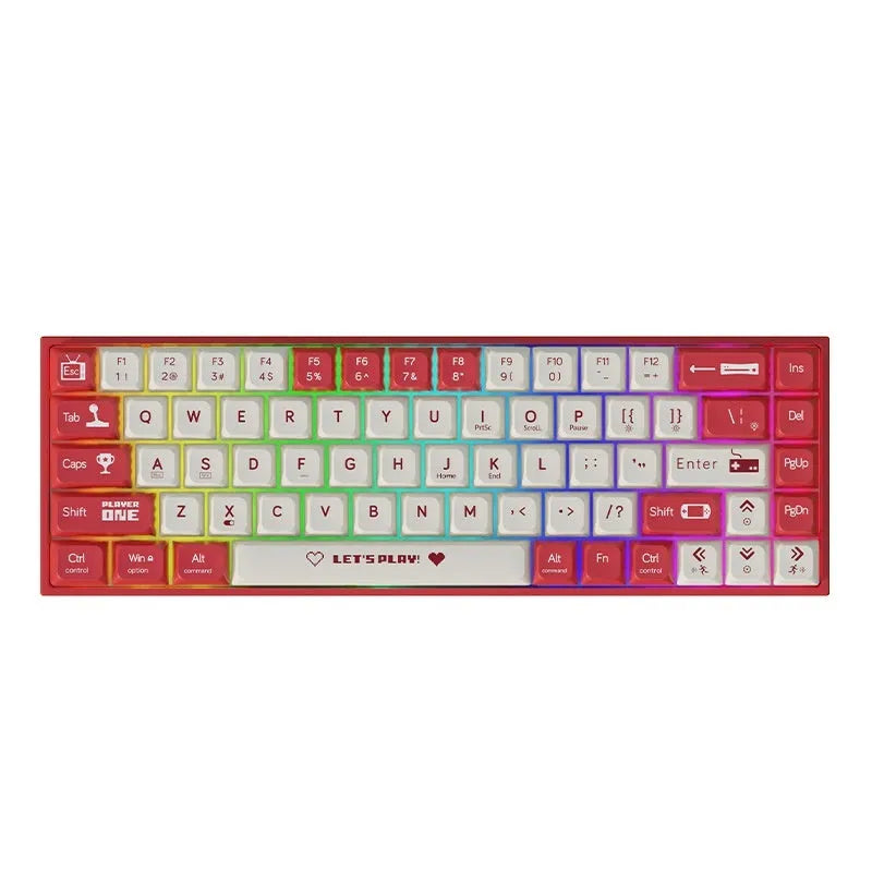 AJAZZ AK680 red and white mixed colour 68-key wired mechanical keyboard with hot-swappable switches on a desk.