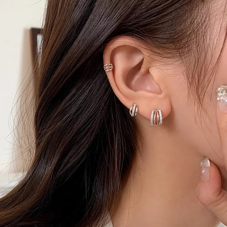 Geometry-shaped electroplated silver needle earrings in three size options