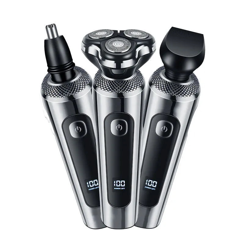 Digital USB rechargeable beard scraper with five-in-one base bracket and LED display.