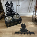 Personalised dog bowl holder with custom engraved name, stainless steel bowl on iron stand
