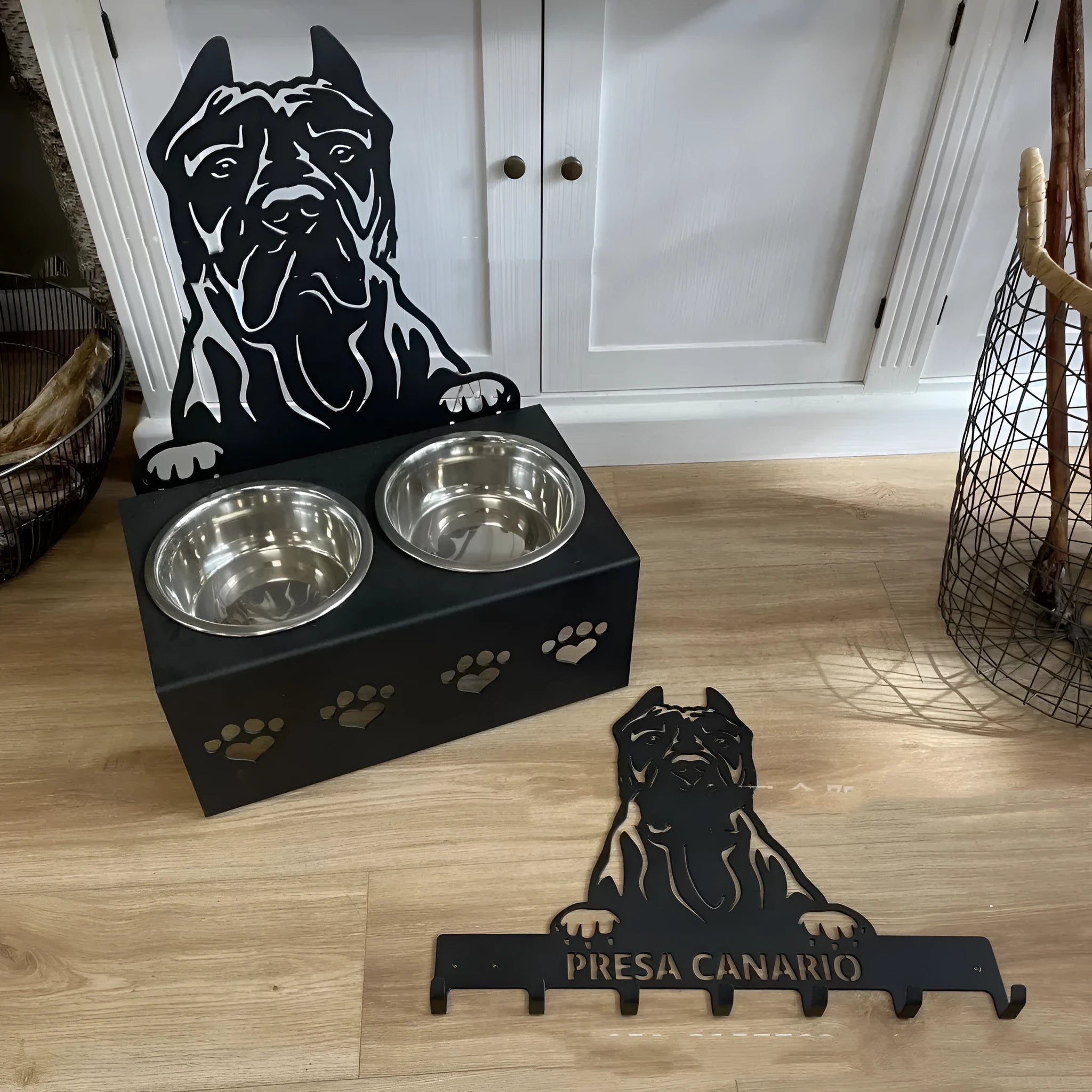 Personalised dog bowl holder with custom engraved name, stainless steel bowl on iron stand