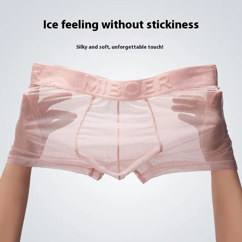Men's thin solid colour boxer shorts in quick-dry polyester fabric on a size chart.