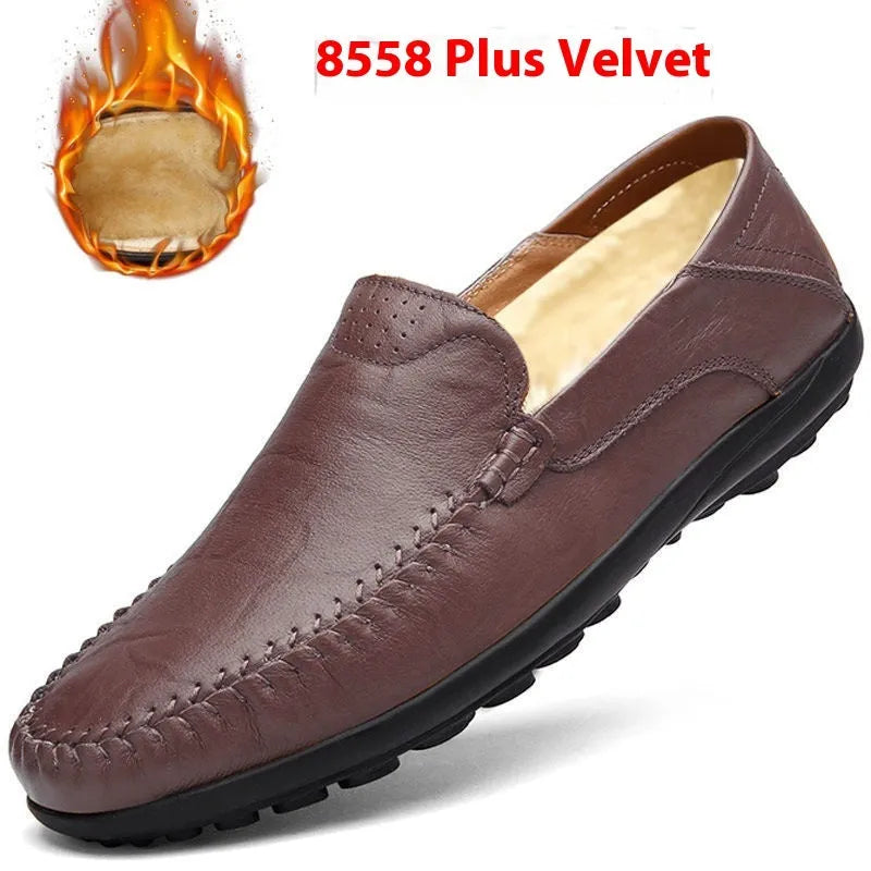 Men's brown cowhide leather shoes with round toe and flat rubber sole business casual design