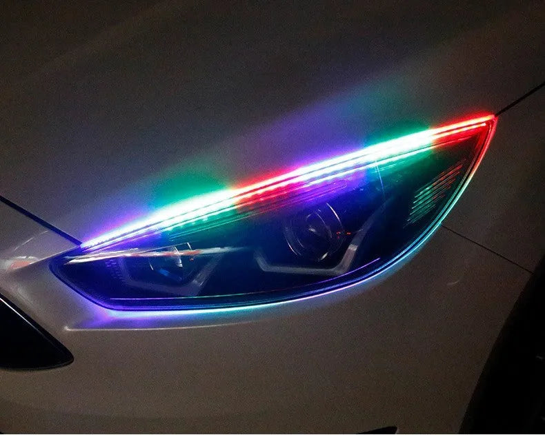 Universal car LED daytime running light strip with remote control for RGB colours, shown in 30cm, 45cm, and 60cm lengths.