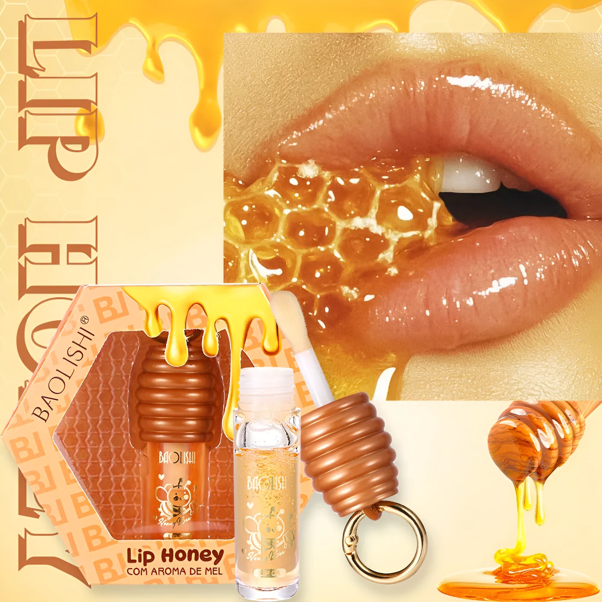 Honey coloured lip gloss on a silver keychain ring against a plain background.