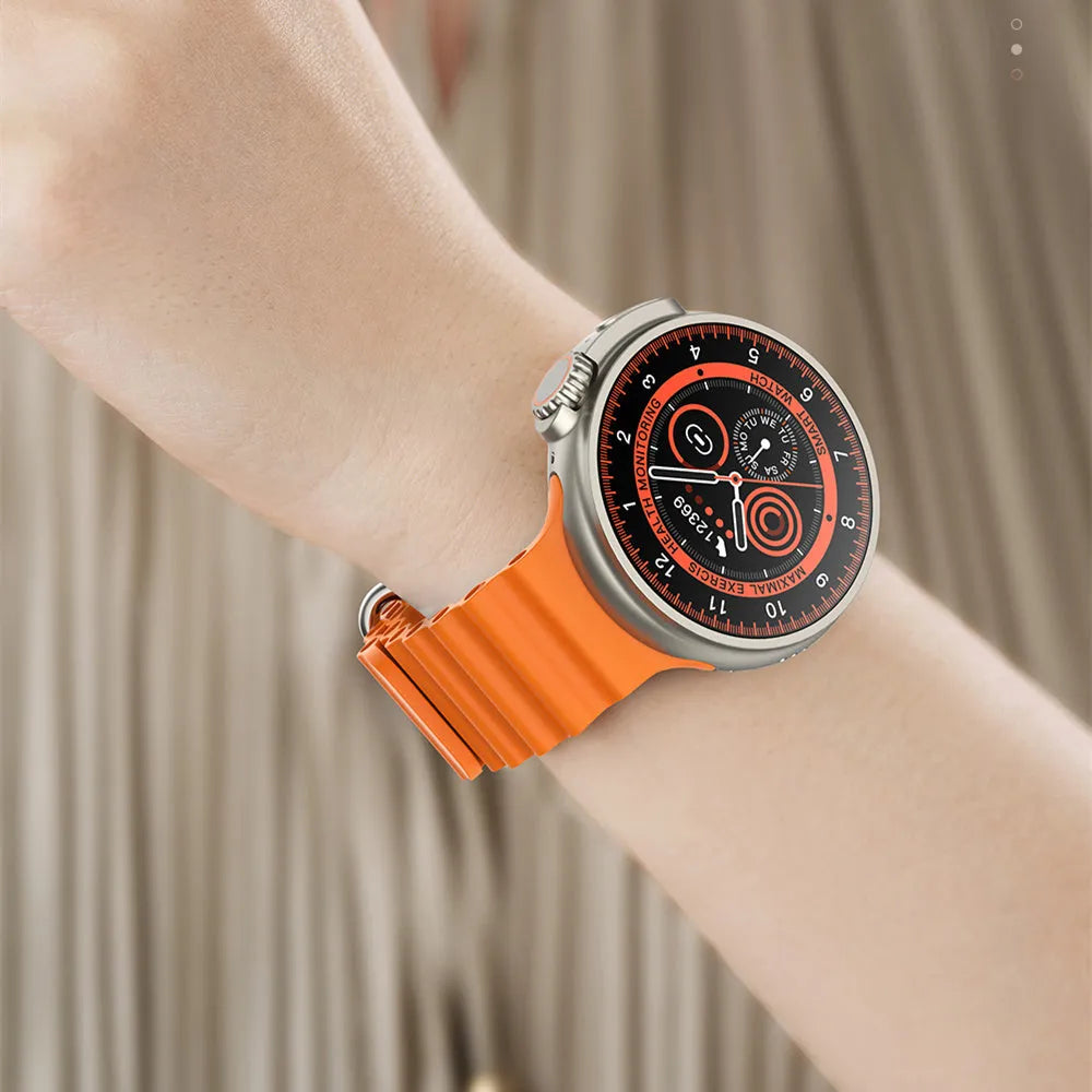 K9 smart watch with black silicone strap and round screen showing health metrics interface