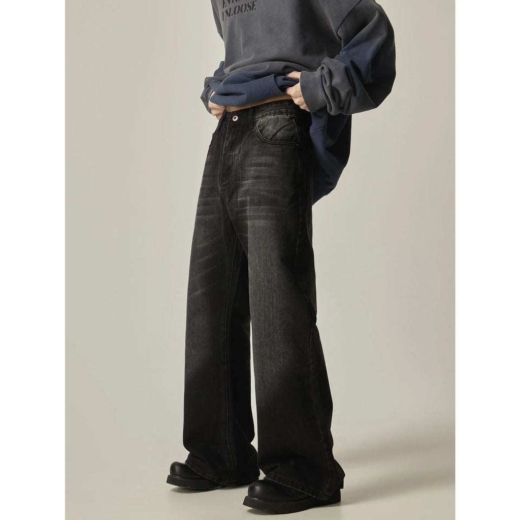American retro black loose straight jeans with zipper fly on mannequin showing loose fit