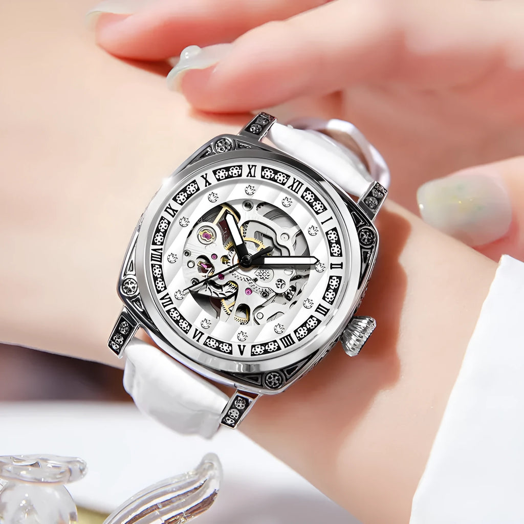 Men's black dial mechanical watch with luminous hands on a leather strap, showing 10m waterproof rating.