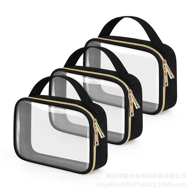 Transparent PVC wash bag showing cosmetics inside with chain handle