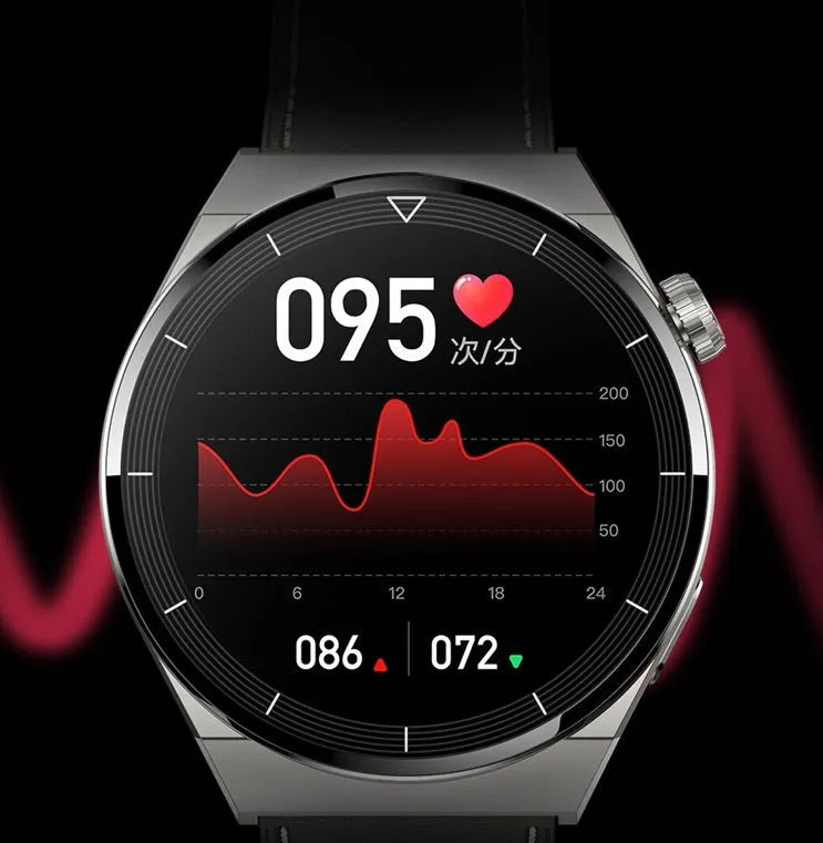 Round Android smart watch with black silicone band showing a homescreen on its 1.36-inch display.