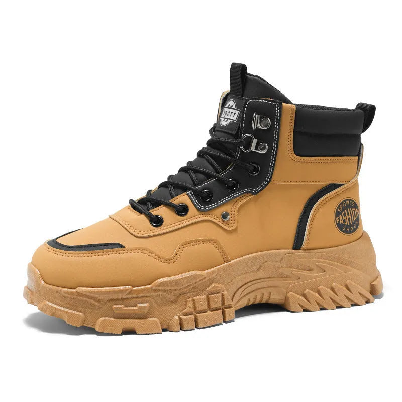 Men's black and yellow Martin boots with a mid-heel and high-top design.