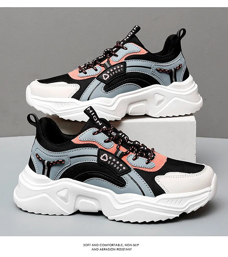 White women's casual sports shoes with mesh upper, buckle, and thick PU sole