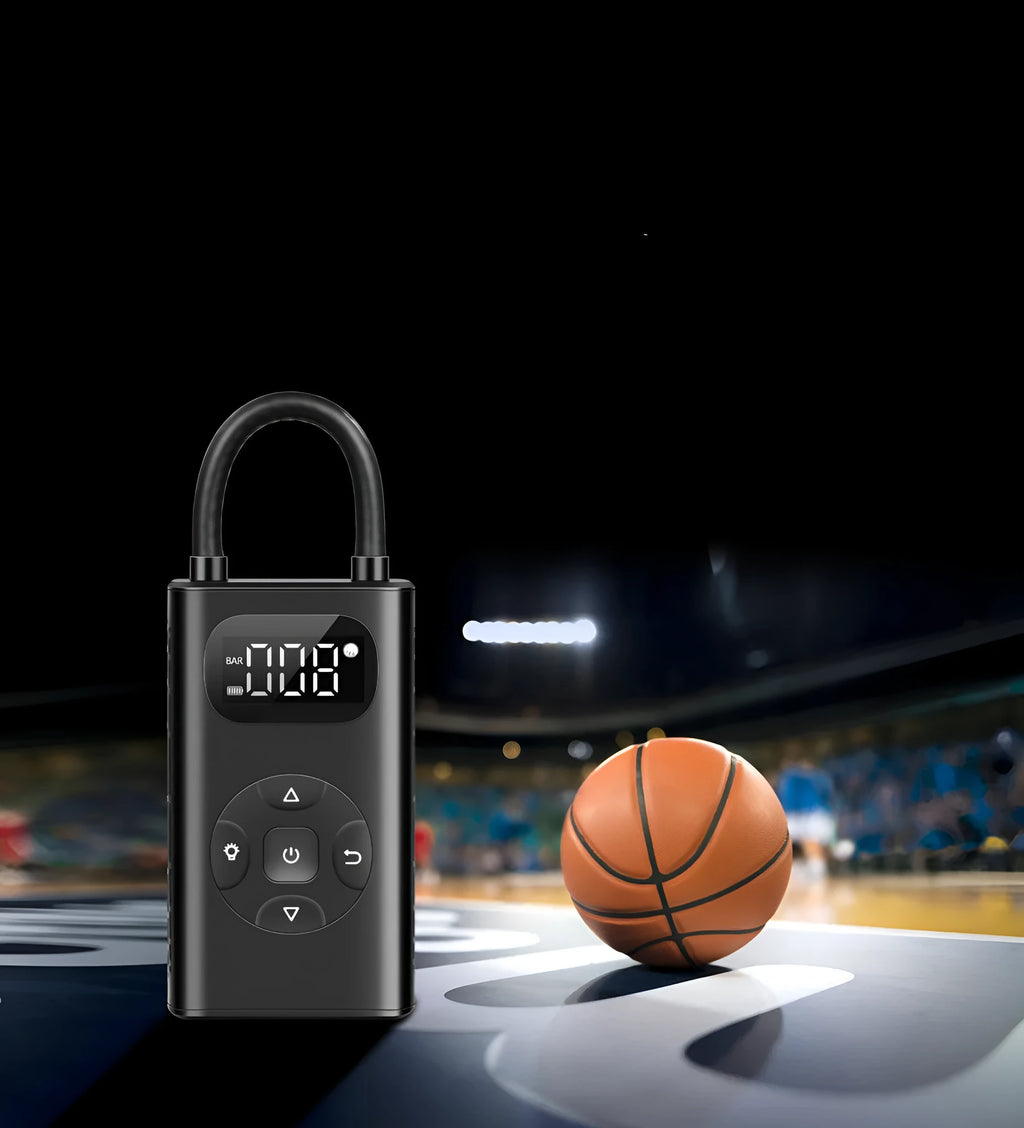 Black aviation aluminium portable electric air compressor and power bank with USB cable and inflatable tube.