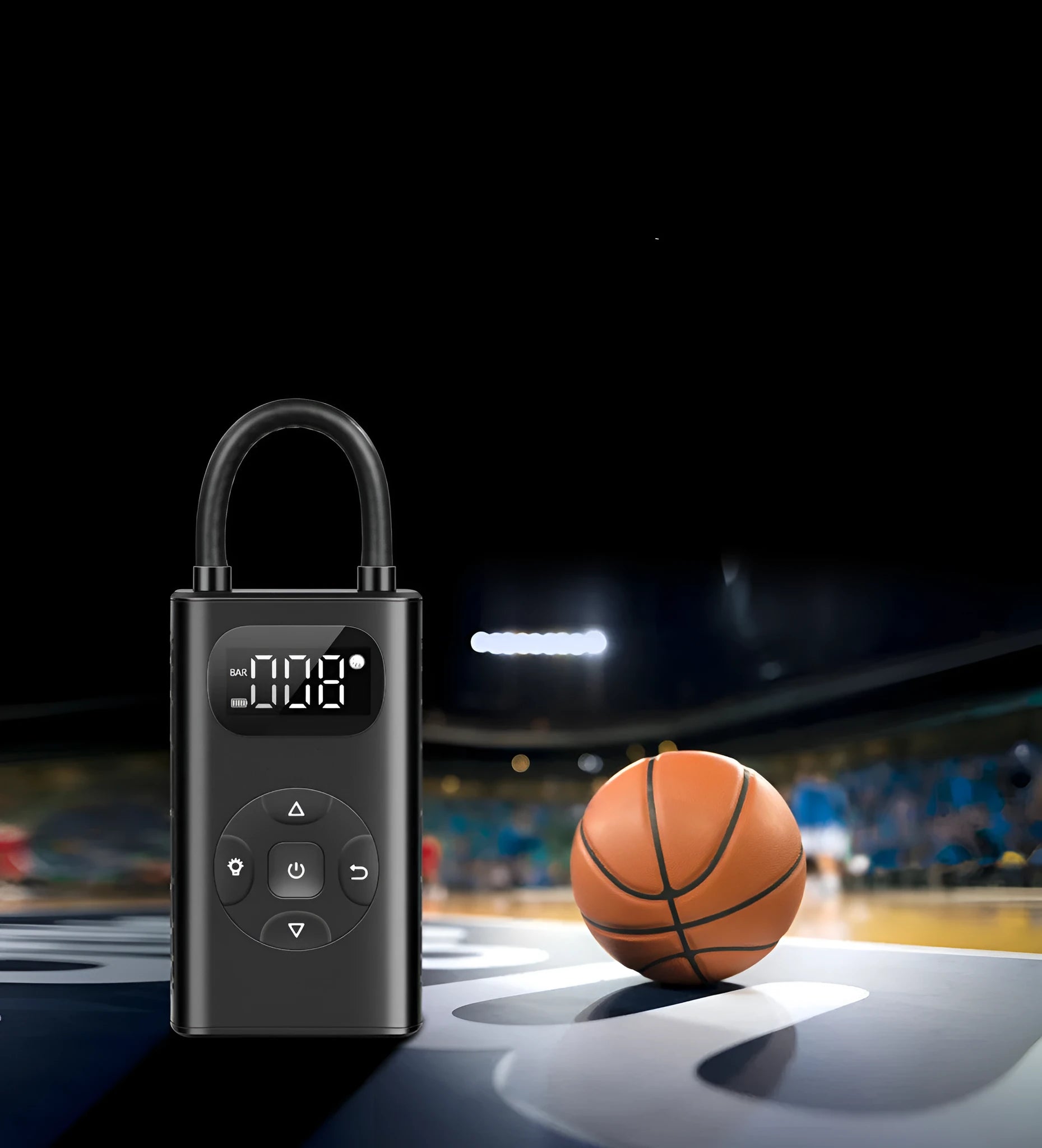 Black aviation aluminium portable electric air compressor and power bank with USB cable and inflatable tube.