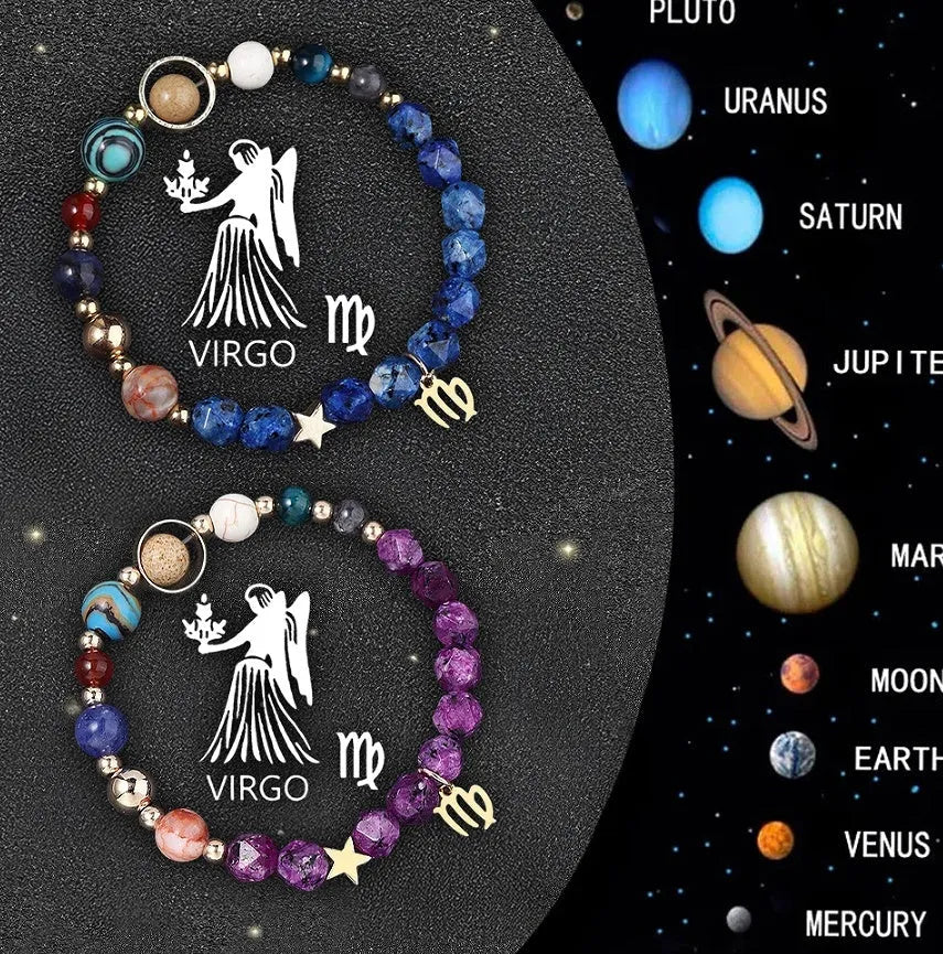 Set of two natural stone beaded bracelets with silver zodiac charms on an adjustable cord.