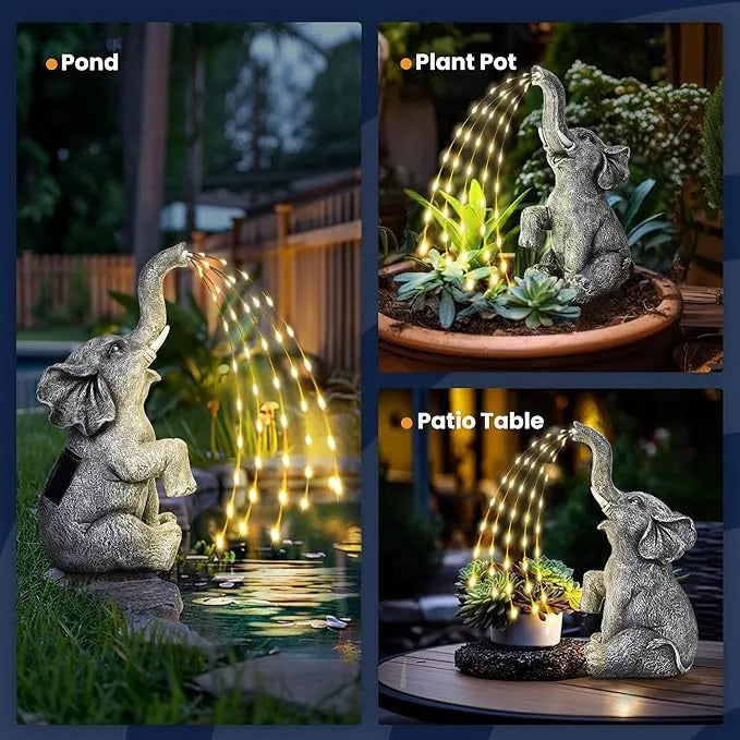 Resin elephant garden sculpture with LED lights for outdoor decoration.