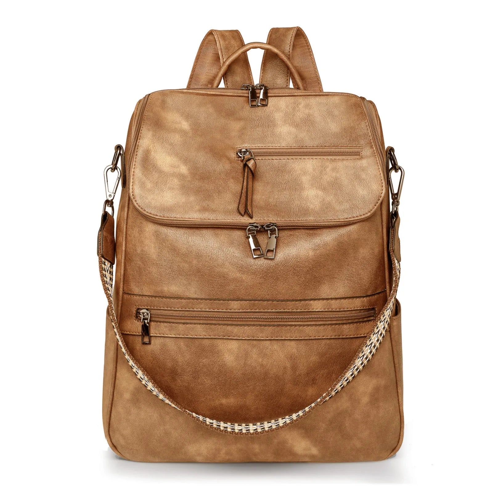 Retro college student backpack in PU leather with curved shoulder straps showing stitching detail