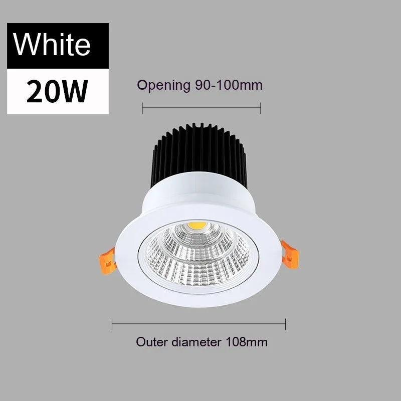 Modern white aluminium recessed LED ceiling spotlight with anti-glare design for embedded installation.