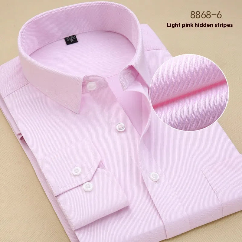 Men's black slim-fit long-sleeve cotton business shirt for professional work attire.
