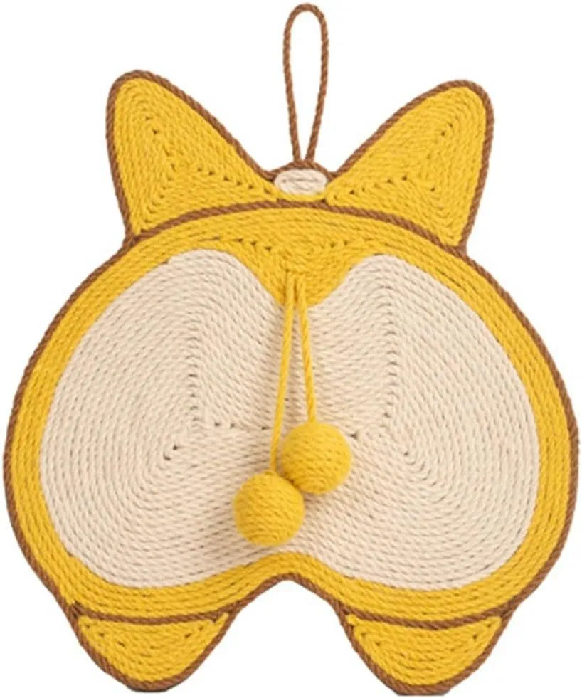 Yellow sisal cat scratching board with Corgi designs, measuring 37x40cm with anti-slip base