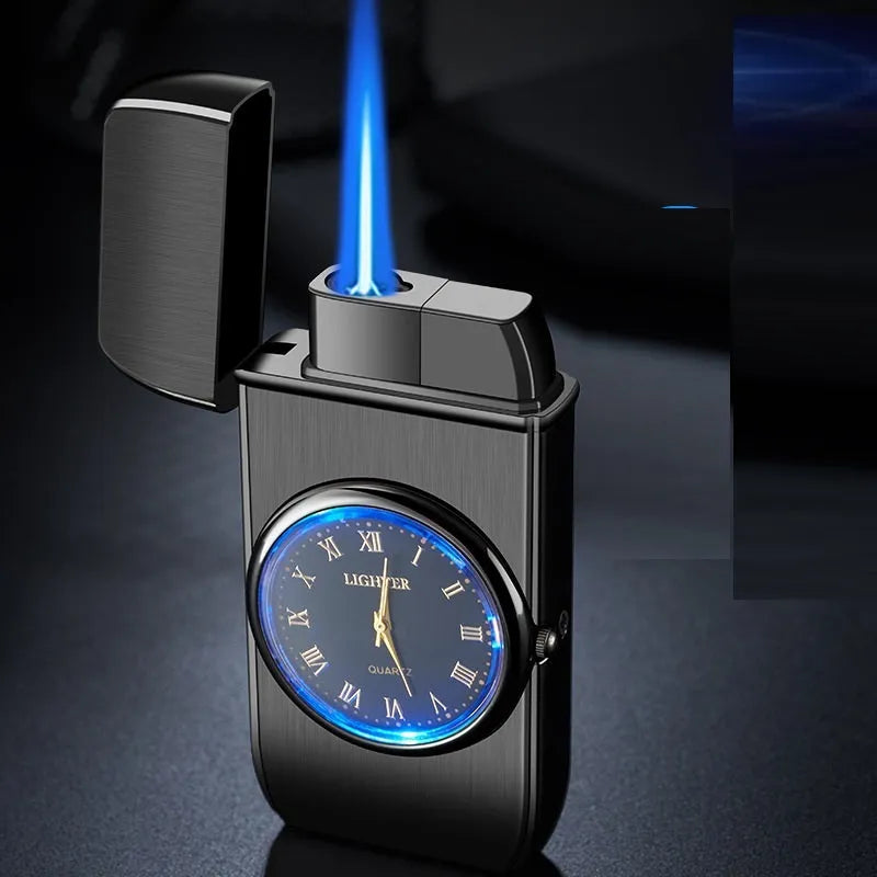 Men's multifunctional metal watch lighter with LED light shown in black brushed finish on wrist.