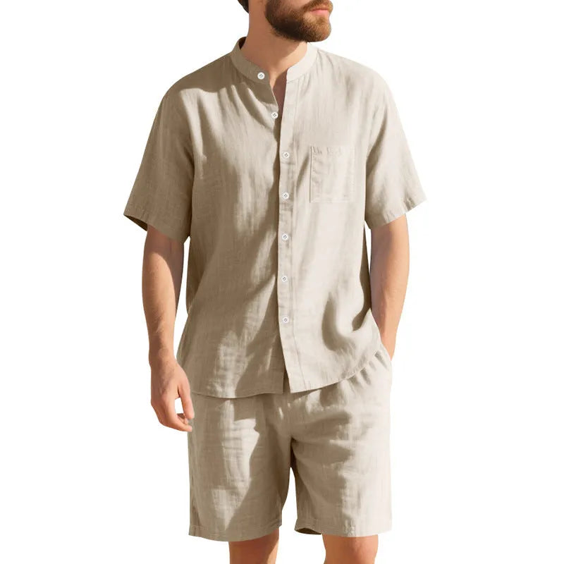 Men's light blue short-sleeve linen shirt and matching shorts, a casual two-piece summer suit set.
