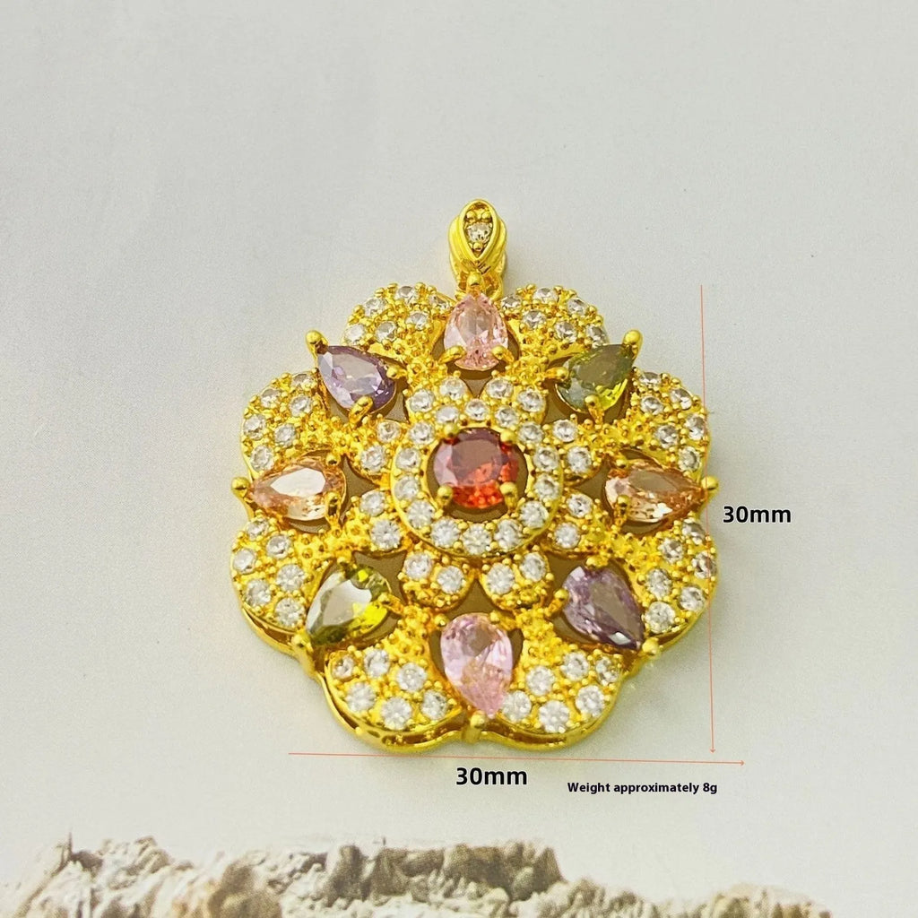 Close-up of a women's flower-shaped zircon pendant necklace in a gold electroplated finish on a model.