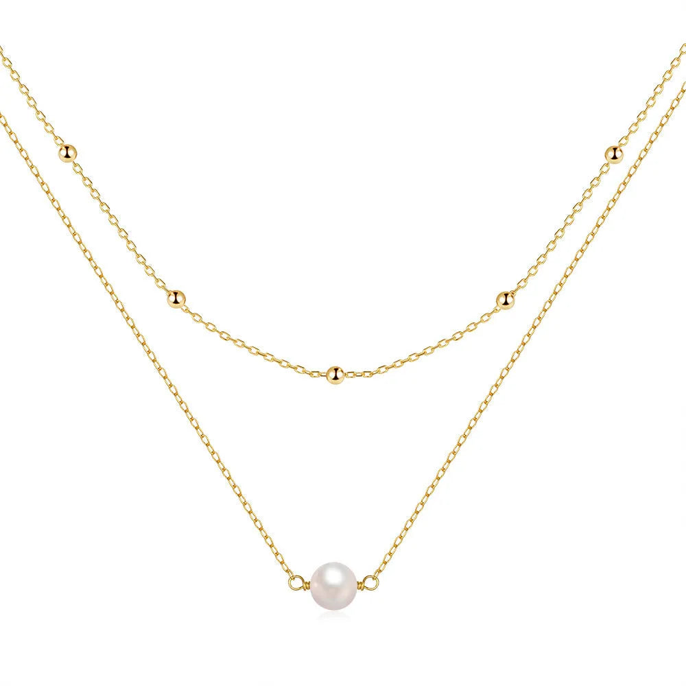 S925 sterling silver double layer necklace with geometric pearl pendant on ball bead chain