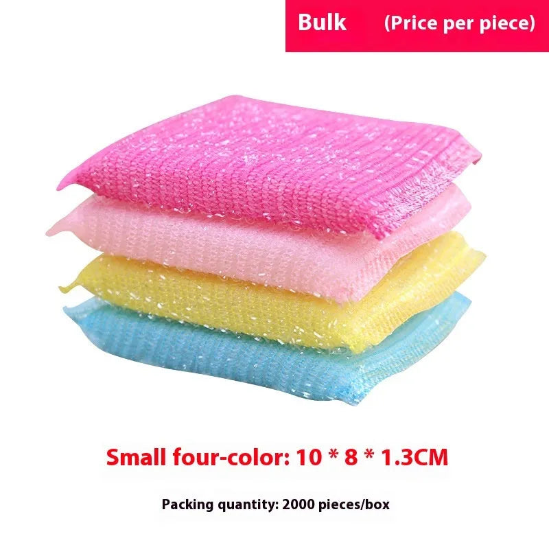 Pinstripe fabric dishwashing spong mop in macaron colours showing sponge, plastic, and silk thread construction.
