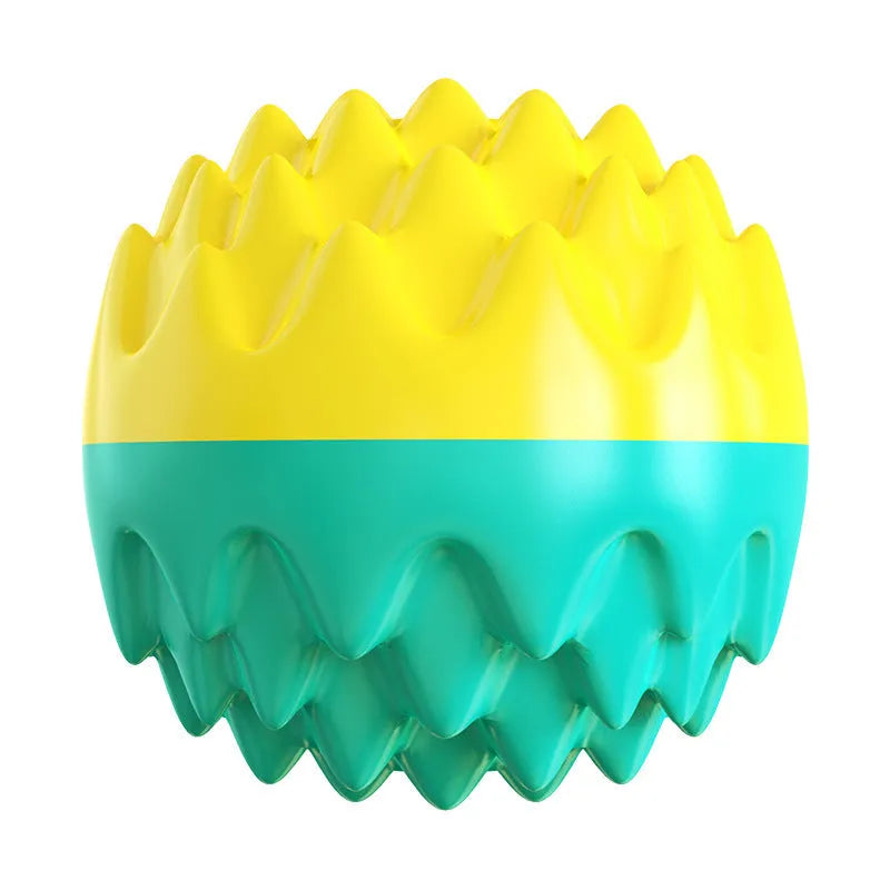 Blue and orange squeaky rubber dog ball with spiky texture for dental cleaning and water fetch