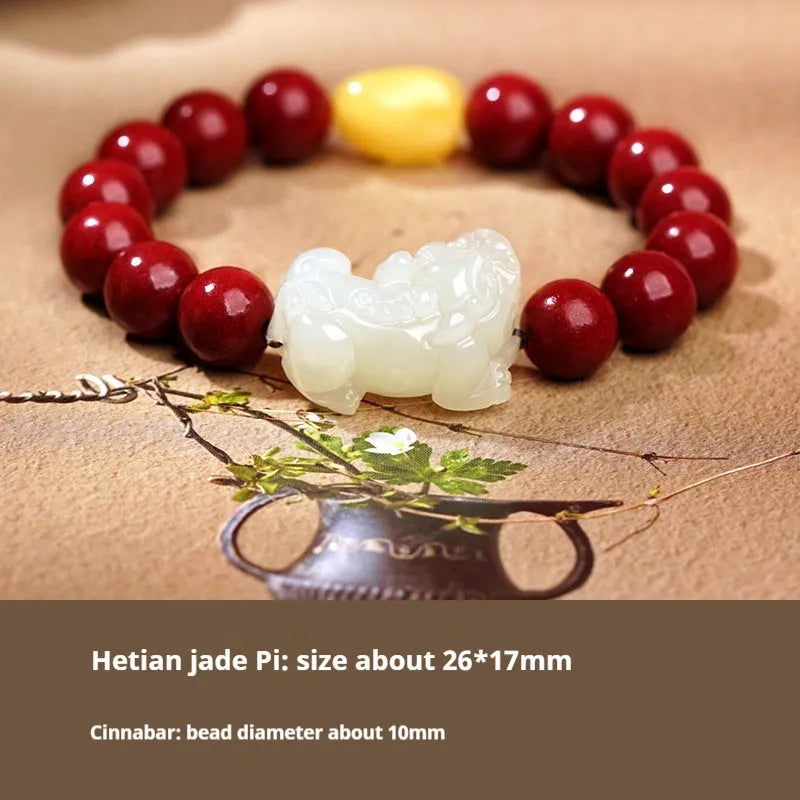 Women's Hetian jade bracelet with black and red braided ropes in Chinese style