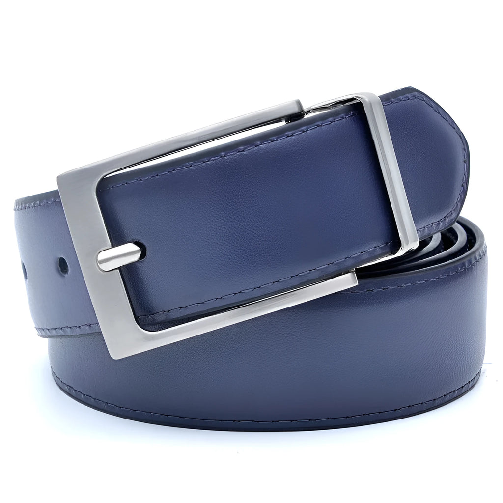 Men's brown and black genuine leather belt with rotating alloy pin buckle showing length measurement
