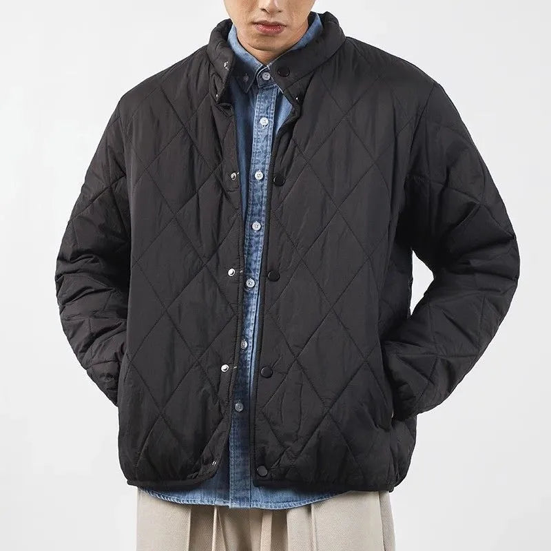 Men's black diamond lattice quilted acrylic winter jacket with extended length