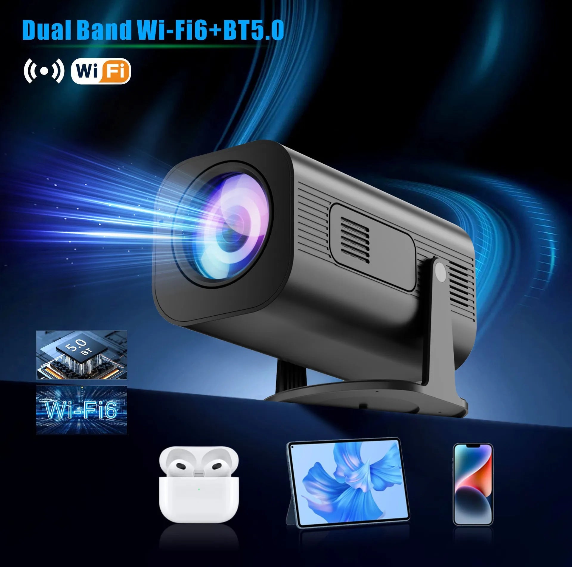 Black P330 portable mini projector with remote control on table displaying HD projection