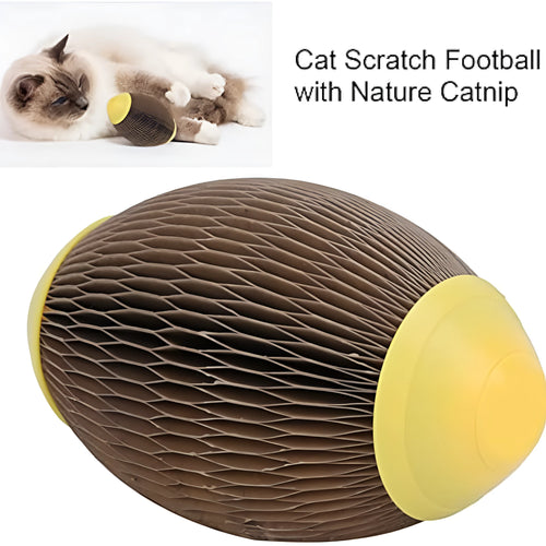 Elliptical catnip ball toy made from recycled corrugated paper with scratch football design