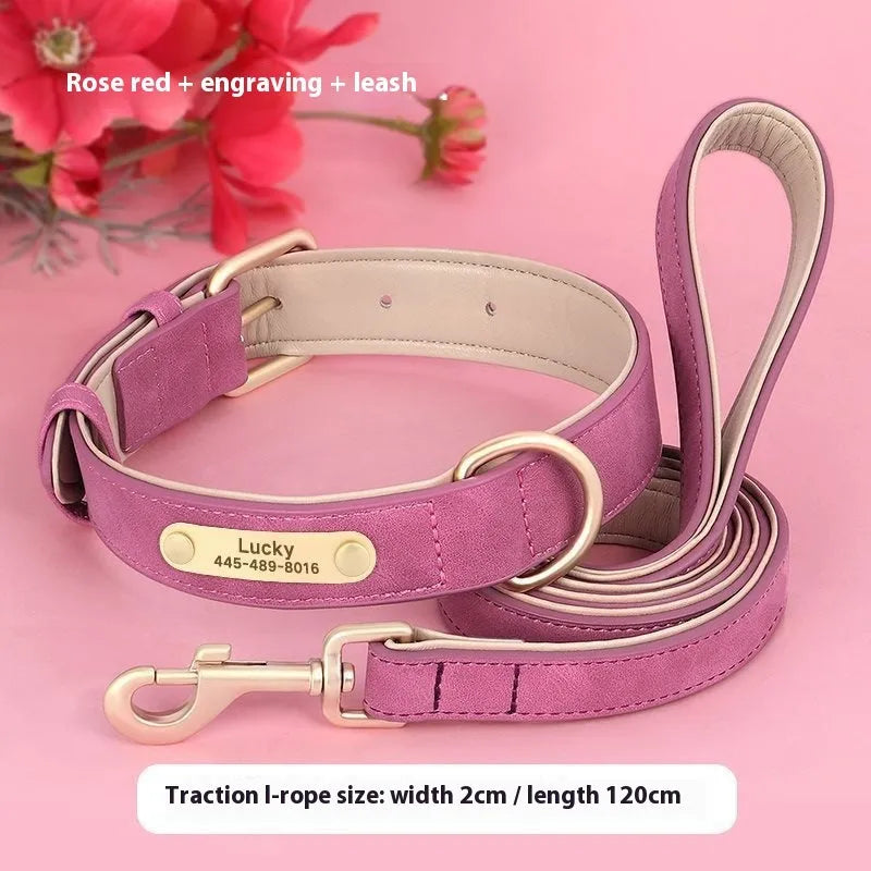 Double-layer leather dog collar with traction rope in rose red, brown, or blue colour